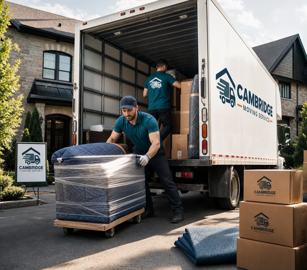 Professional movers loading wrapped furniture and labelled boxes into a moving truck in a Cambridge residential driveway