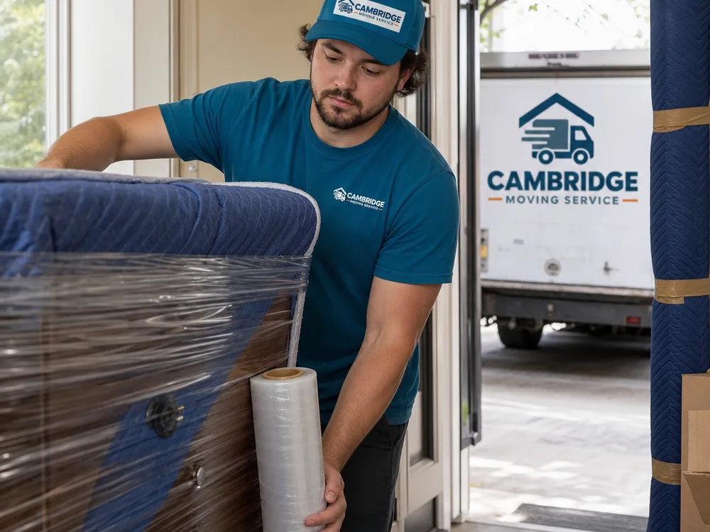 Mover using stretch wrap and moving blankets to protect a dresser and door frame during a home move