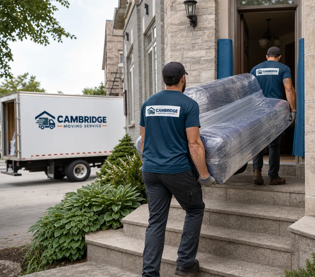 Professional moving crew carrying a wrapped sofa up the steps of a Cambridge, Ontario home with a moving truck nearby