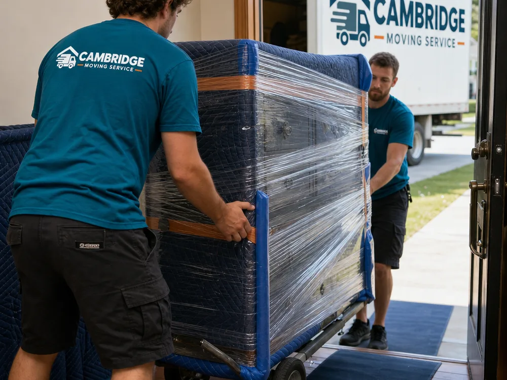 Movers using blankets, stretch wrap, a dolly, corner guards, and a floor runner to move a dresser safely