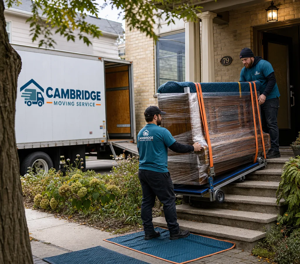 Two movers carefully guiding a wrapped upright piano down a residential front step in Cambridge, Ontario using a piano dolly and moving straps, with floor runners in place