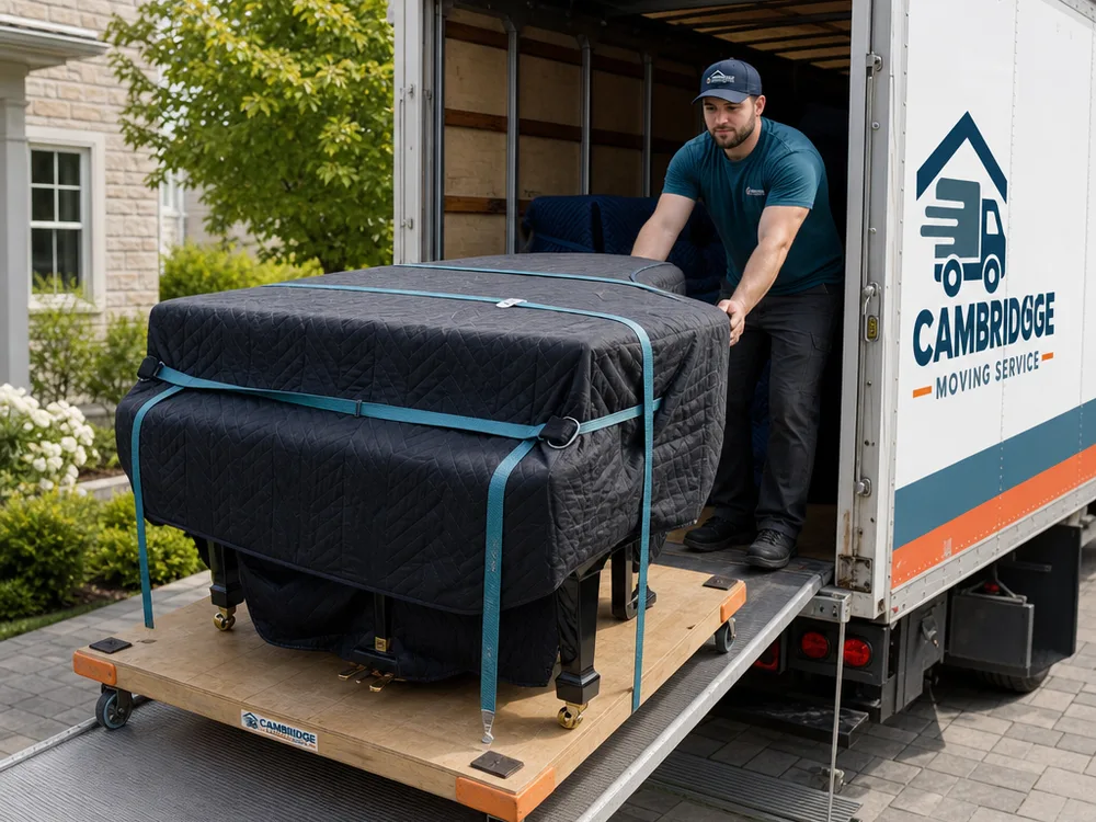 Baby grand piano secured on a piano board with blankets and straps at a truck ramp ready for loading