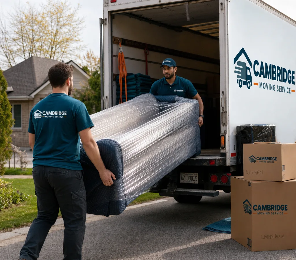 Professional movers loading a wrapped sofa and labelled boxes into a clean truck in a Cambridge driveway