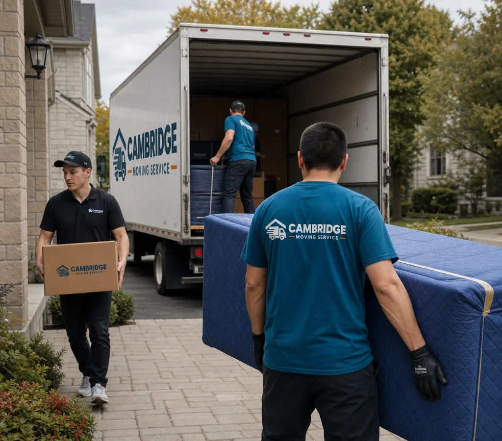 Residential moving crew carrying padded furniture and labelled boxes into a moving truck in a Cambridge, Ontario neighbourhood