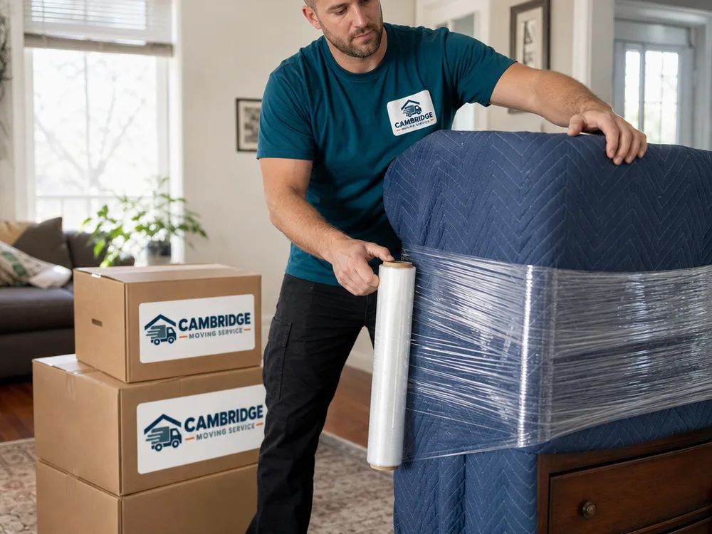 Mover wrapping a dresser beside neatly stacked labelled boxes in a living room ready for loading