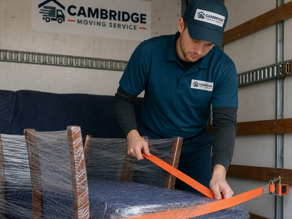 Close-up of a wrapped dining table top and chair set being strapped securely inside a moving truck, with moving blankets and tie-down rails visible