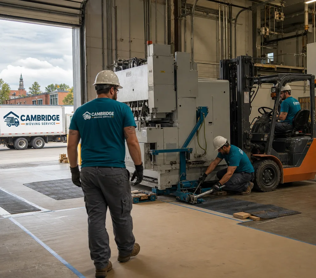 Rigging crew positioning large machinery with skates and a forklift inside a Cambridge industrial space with protected floors