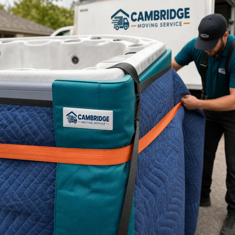 A hot tub wrapped with moving blankets and edge protection, with straps routed to avoid pressure on the cabinet corners