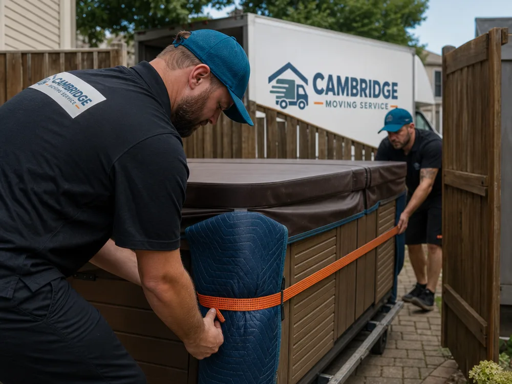 Movers padding a hot tub corner with moving blankets and strap protection while positioning it on a spa dolly near a fenced backyard gate