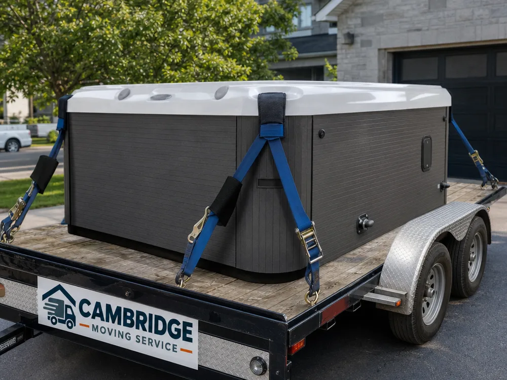 A hot tub secured on a transport trailer with proper tie-down angles and padding at contact points, ready for local delivery